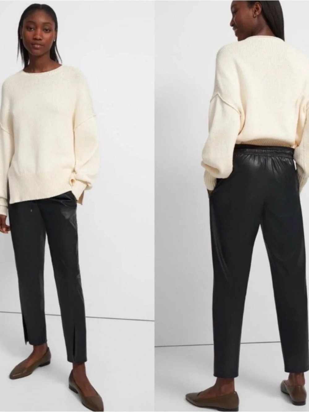 THEORY Slit Pull-On Pant in Paper Faux Vegan Leather Mobwife in Black Size 8
